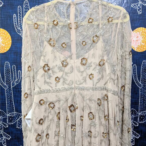 NWT Mac Duggal Floral Beadwork Long Sleeve Midi Dress Nude Women's Size 10 10799 - Picture 7 of 9